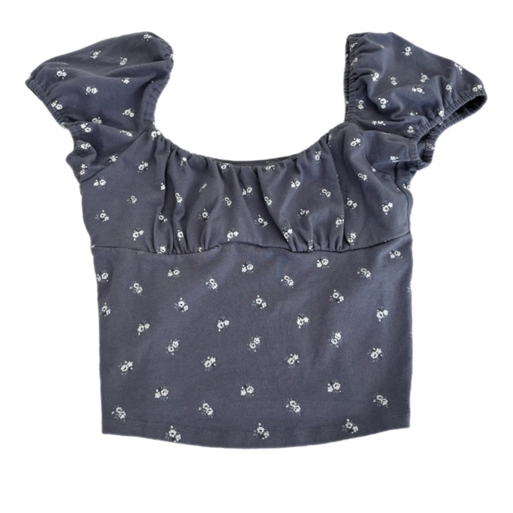 Hollister Navy Floral Puff Sleeve Crop Top Size Xxs